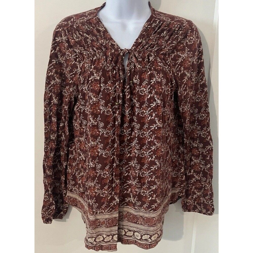 Lucky Brand Burgundy Floral Peasant Top Boho Cottage-core Gypsy Festival Sz L